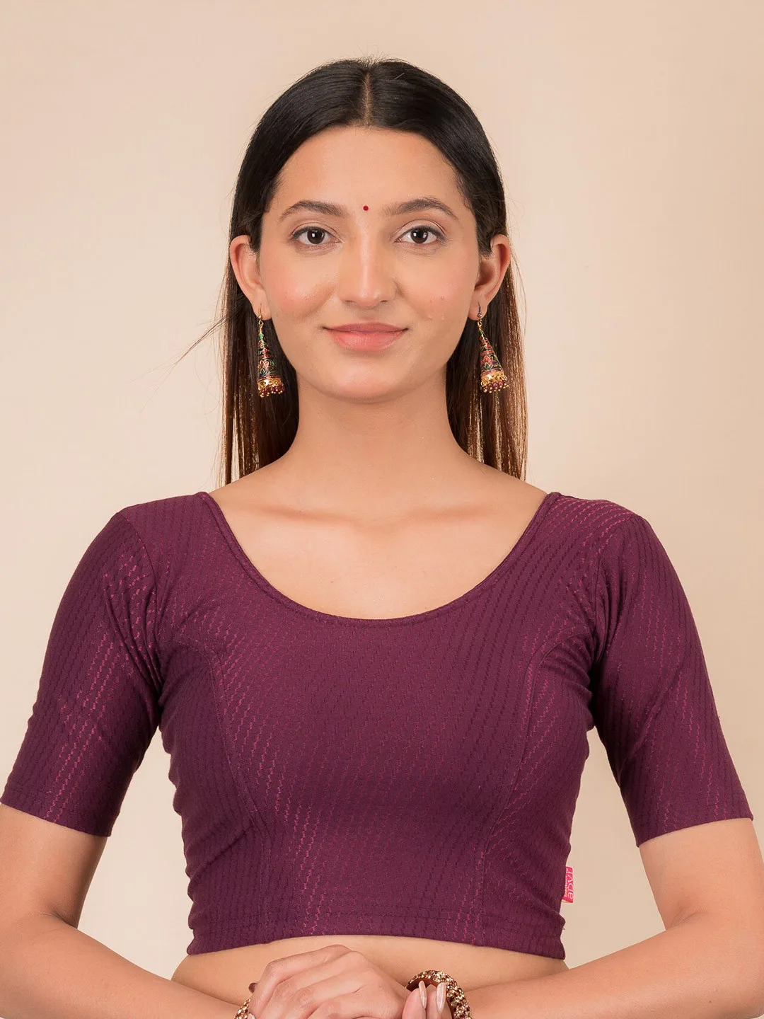 Wine round-neck stretch saree blouse