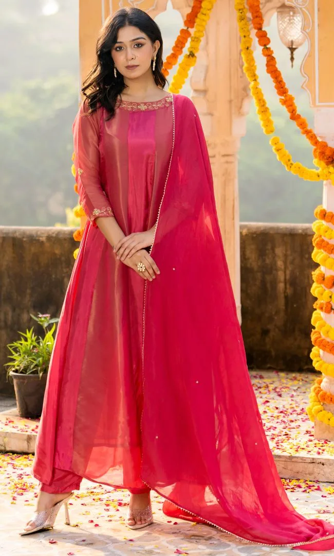 House of Jamoti Raspberry pink tissue Anarkali suit set