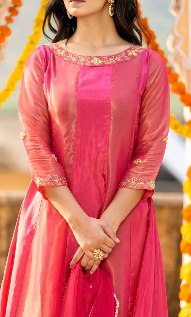 House of Jamoti Raspberry pink tissue Anarkali suit set