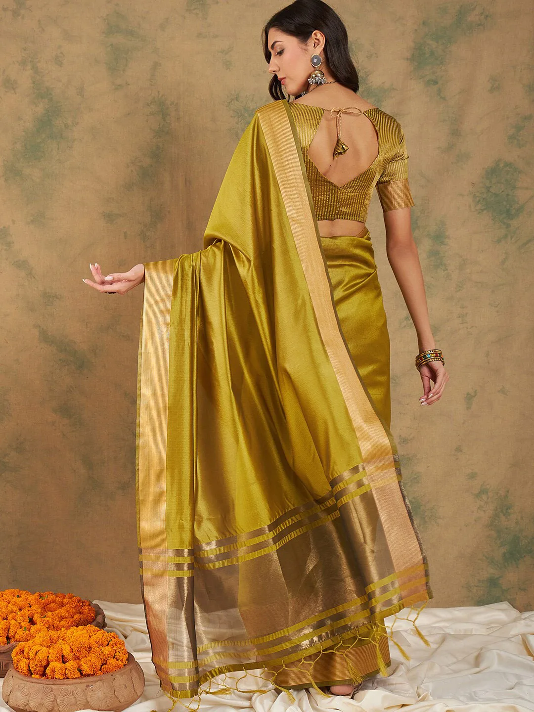 Sangria Olive-gold zari organza kanjeevaram saree