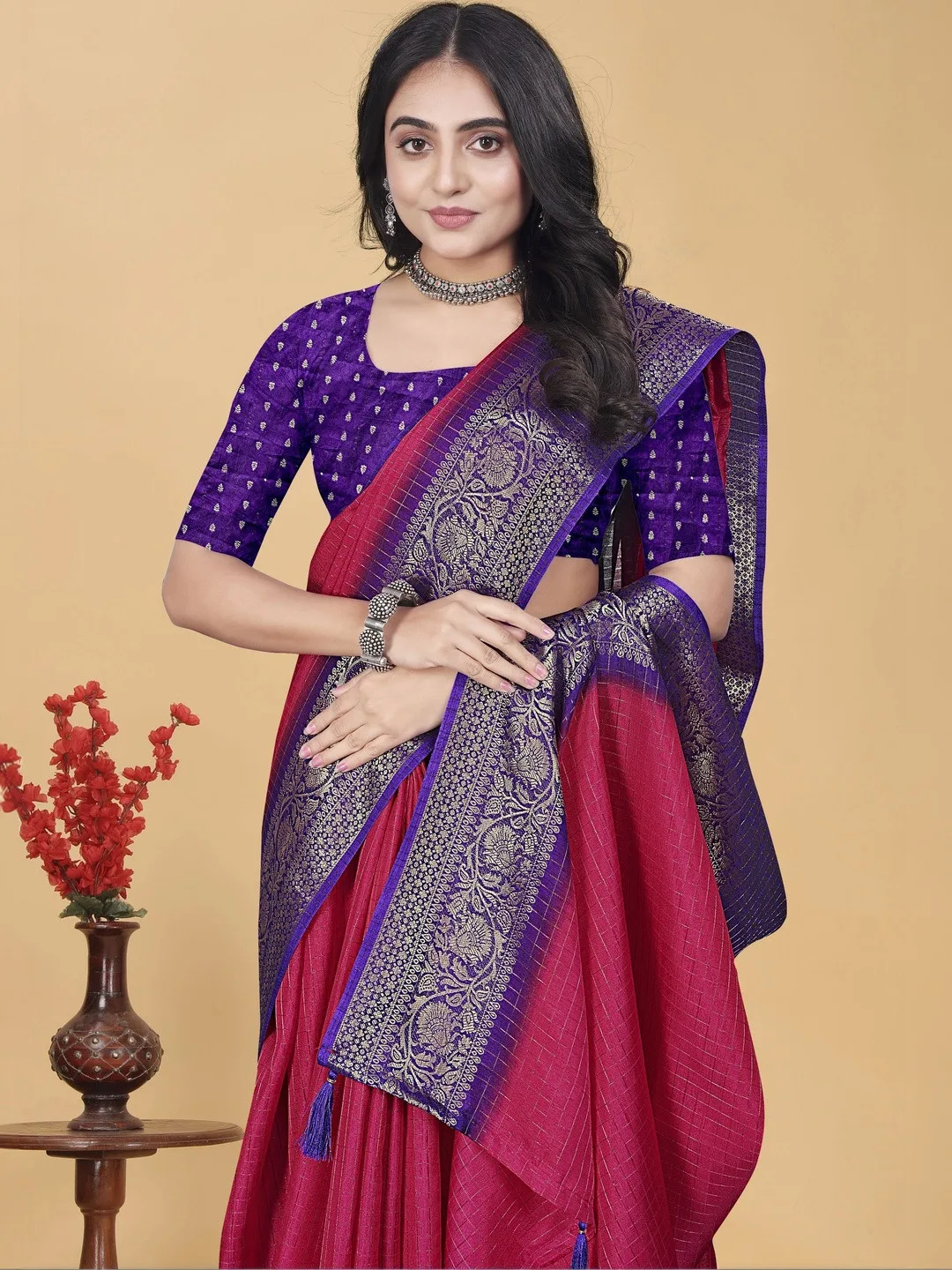 SSHAGUN LIFESTYLE Red check zari saree with violet border and blouse piece