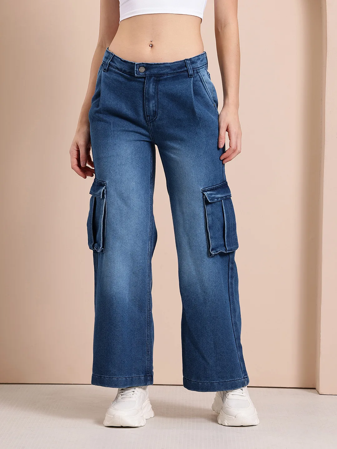 Mast & Harbour Mid-blue wide-leg cargo jeans