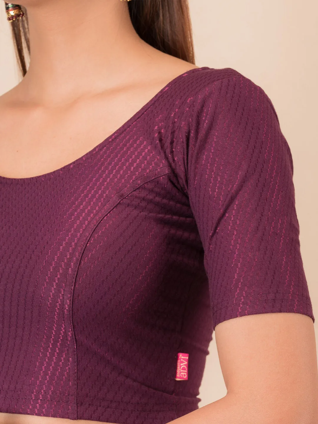 Bindigasm’s Advi Wine round-neck stretch saree blouse