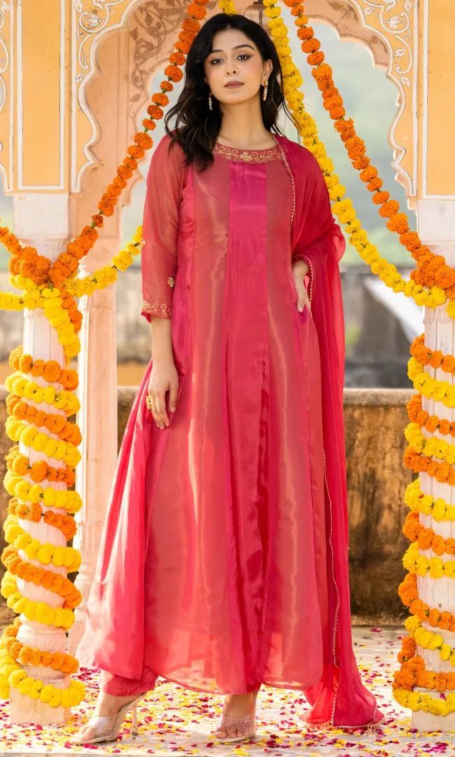 House of Jamoti Raspberry pink tissue Anarkali suit set