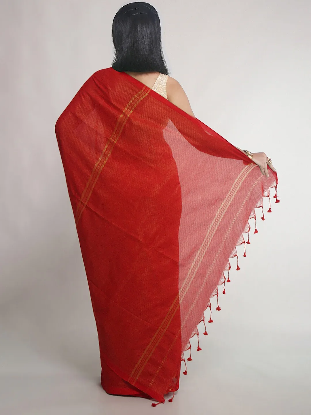 WoodenTant Red cotton khadi saree with fine gold stripes