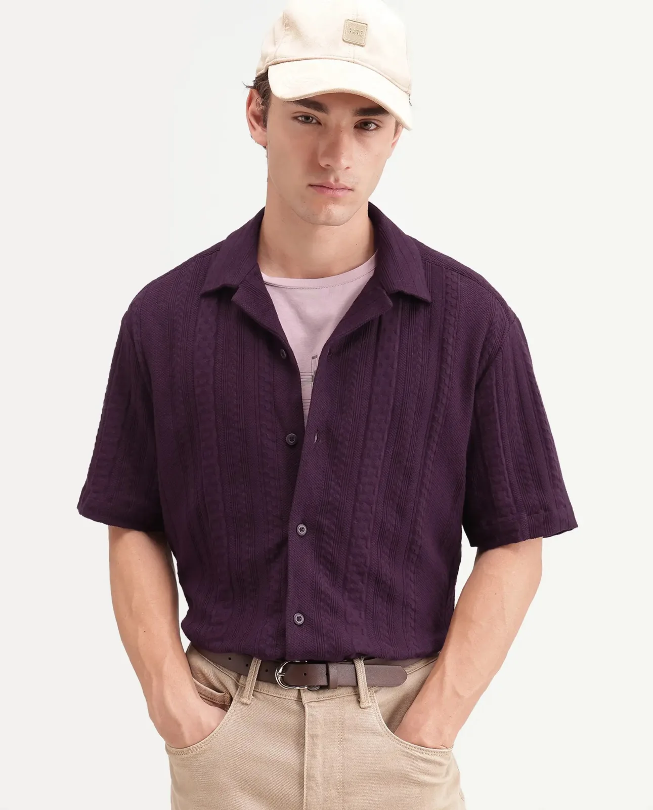 Kram dark purple jacquard camp-collar shirt