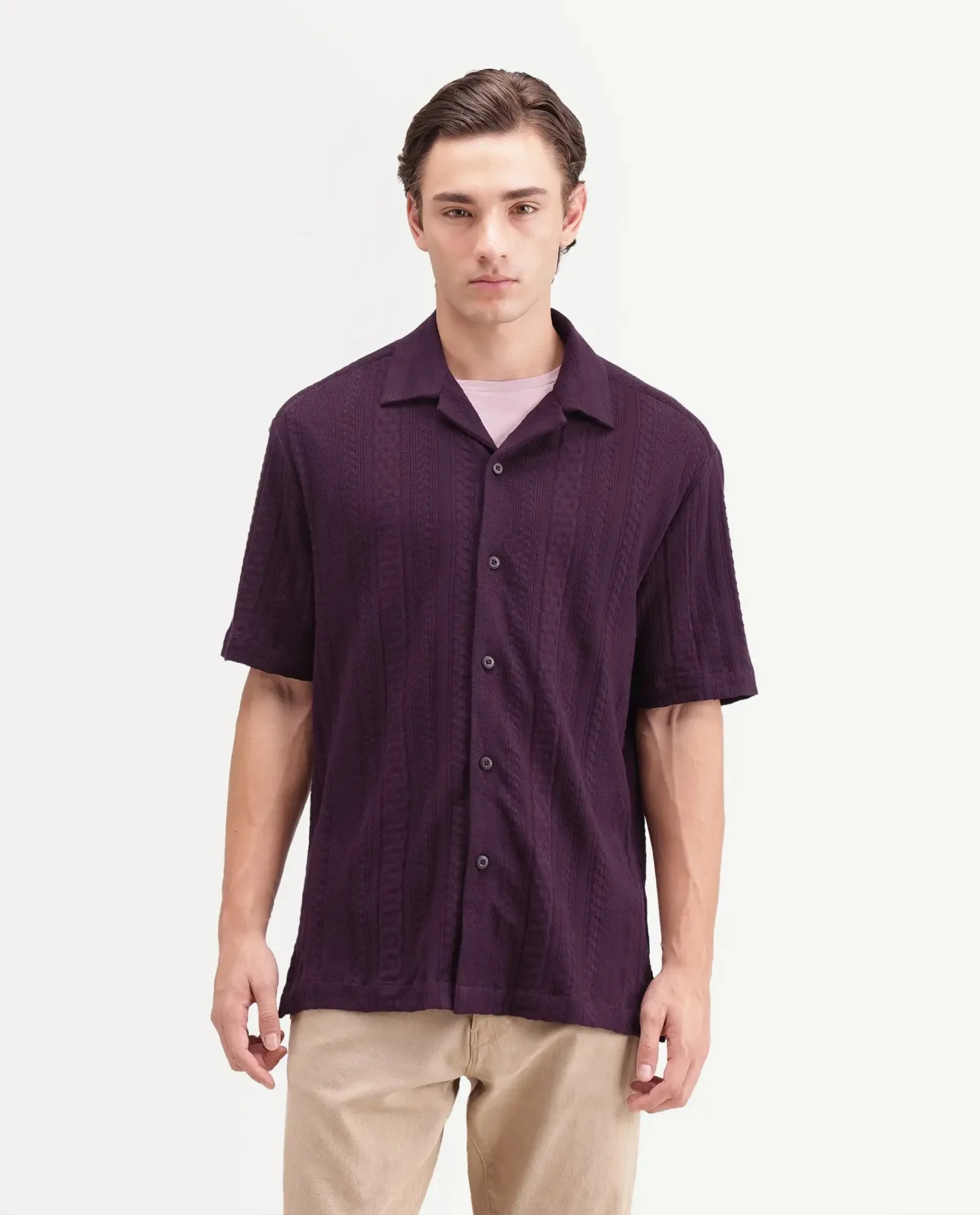 Rare Rabbit Kram dark purple jacquard camp-collar shirt