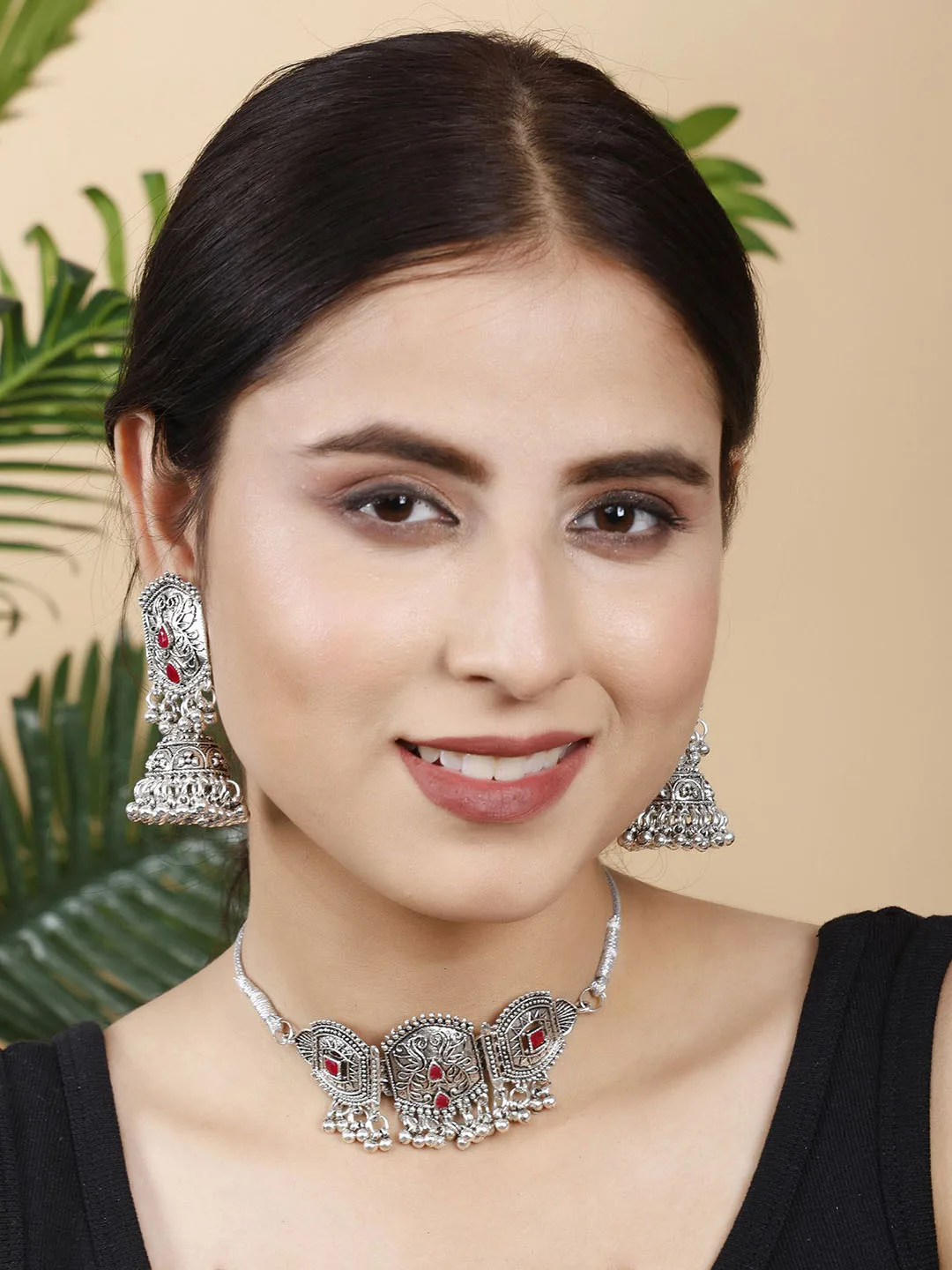Sangria Oxidised choker with jhumkas