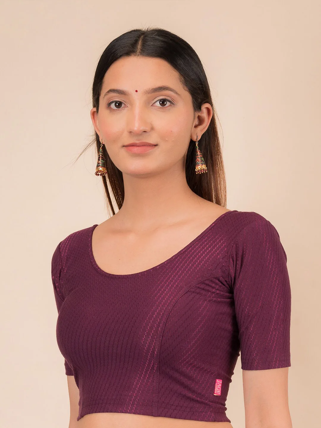 Bindigasm’s Advi Wine round-neck stretch saree blouse