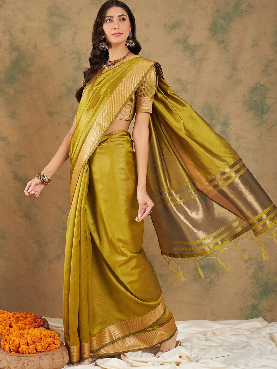Sangria Olive-gold zari organza kanjeevaram saree