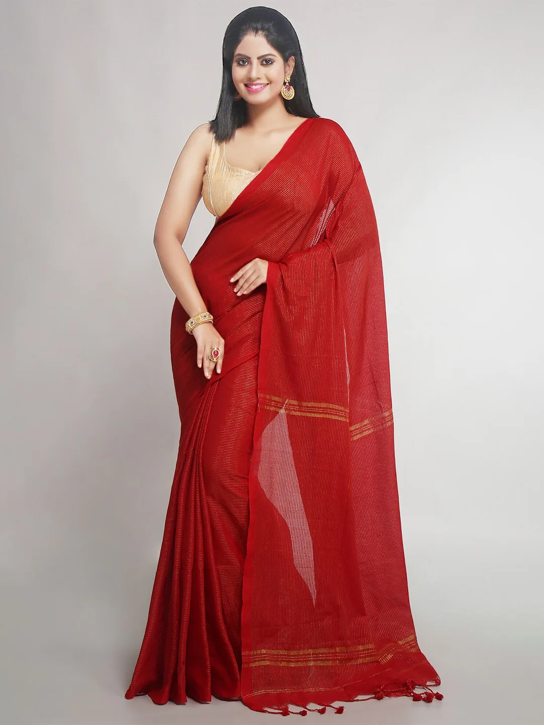 WoodenTant Red cotton khadi saree with fine gold stripes