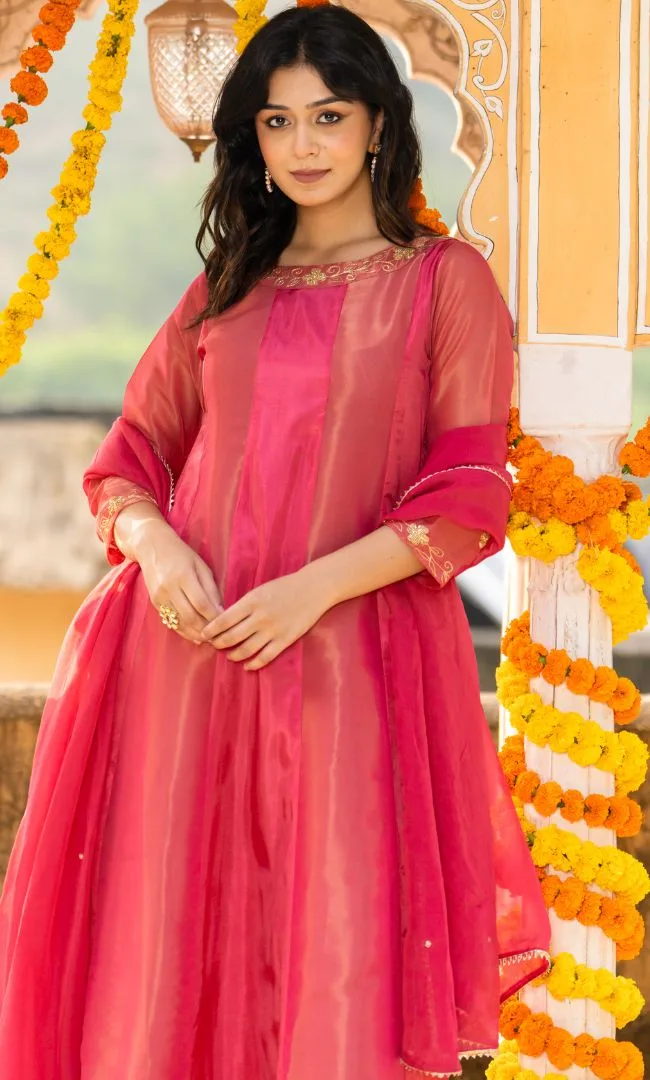 House of Jamoti Raspberry pink tissue Anarkali suit set