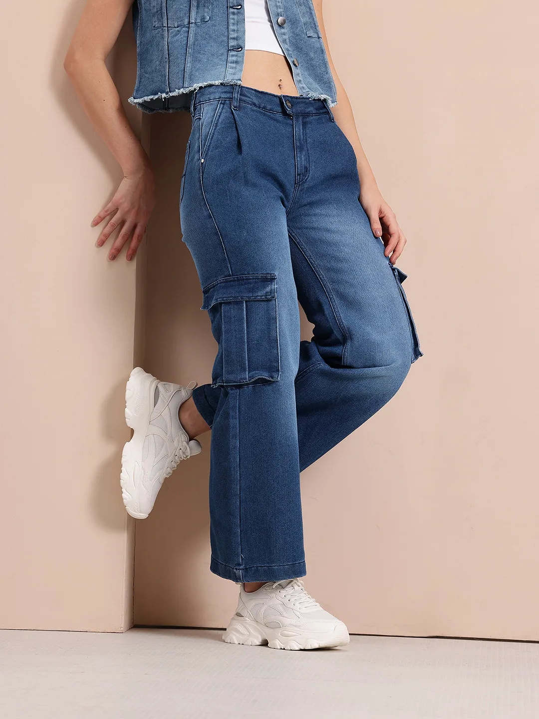 Mast & Harbour Mid-blue wide-leg cargo jeans