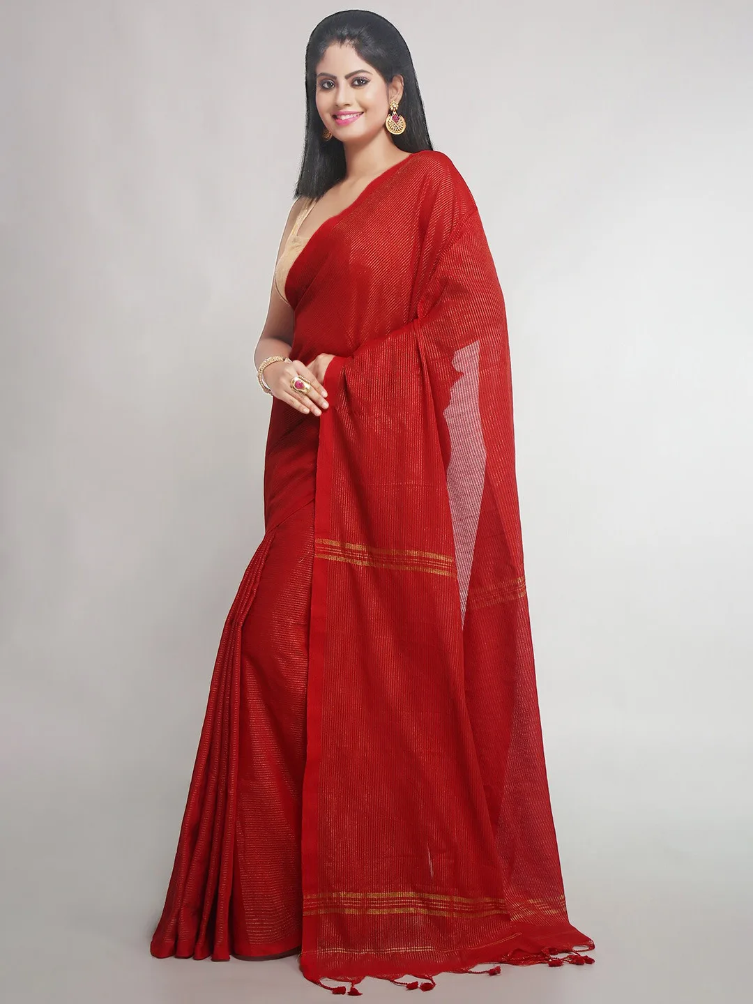 WoodenTant Red cotton khadi saree with fine gold stripes
