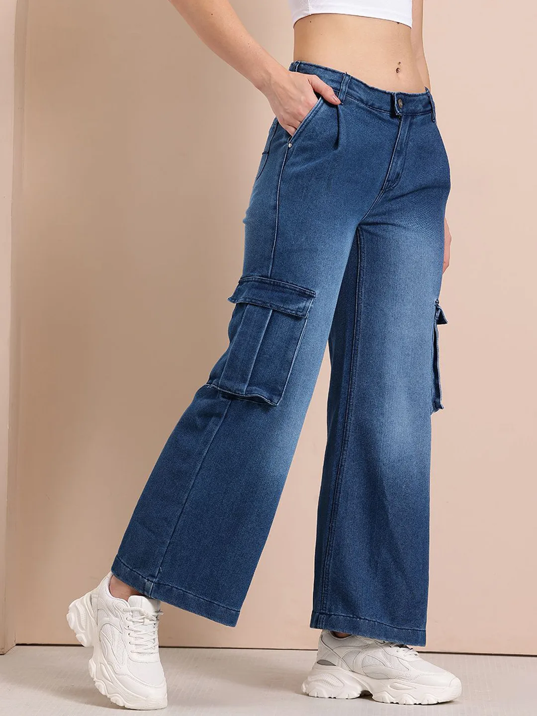 Mast & Harbour Mid-blue wide-leg cargo jeans