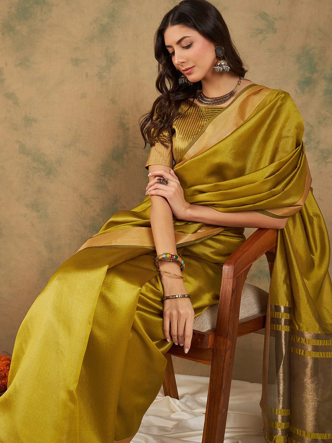 Sangria Olive-gold zari organza kanjeevaram saree