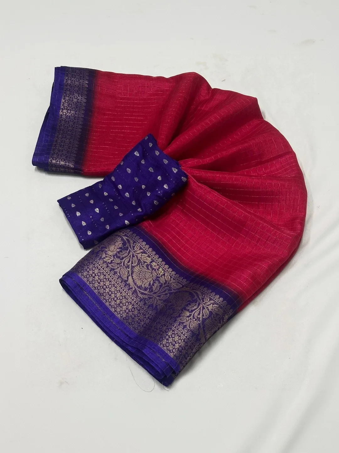 SSHAGUN LIFESTYLE Red check zari saree with violet border and blouse piece