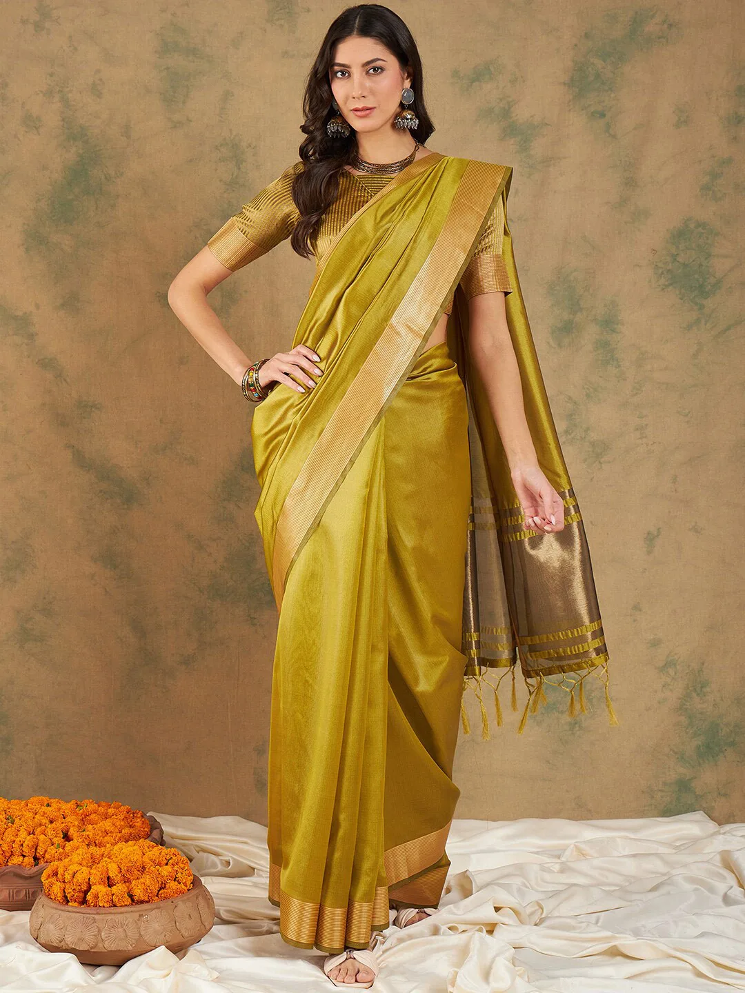 Sangria Olive-gold zari organza kanjeevaram saree